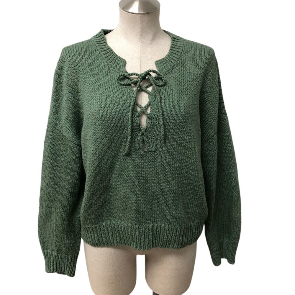 THE GREAT Sweater Womens 1 Small Green Lace Up Cotton Chunky Knit Long Sleeve
